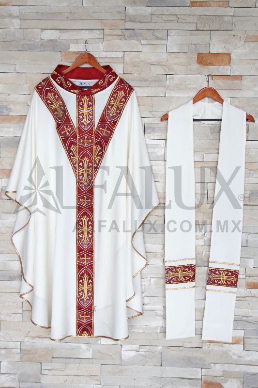 Casulla 04 IMPERIAL TRINITY "Y" en Blanco con RojoQuemado y Cuello Bordado